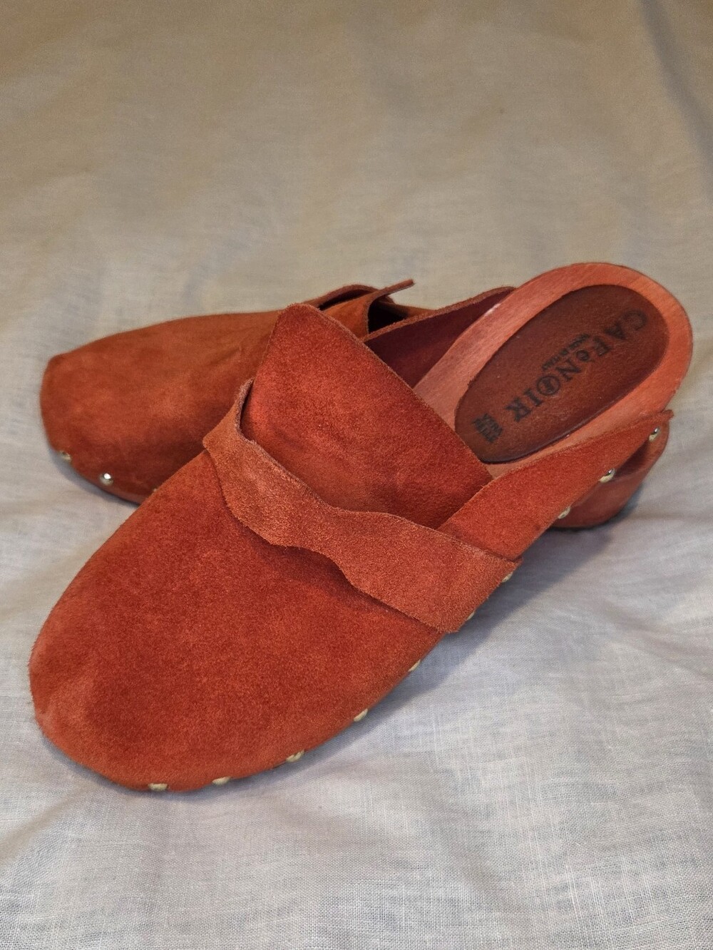 CafeNoir Italy Burnt Orange Suede Wooden Clogs EU 38 | Studded Slip On Mules - Picture 2 of 8